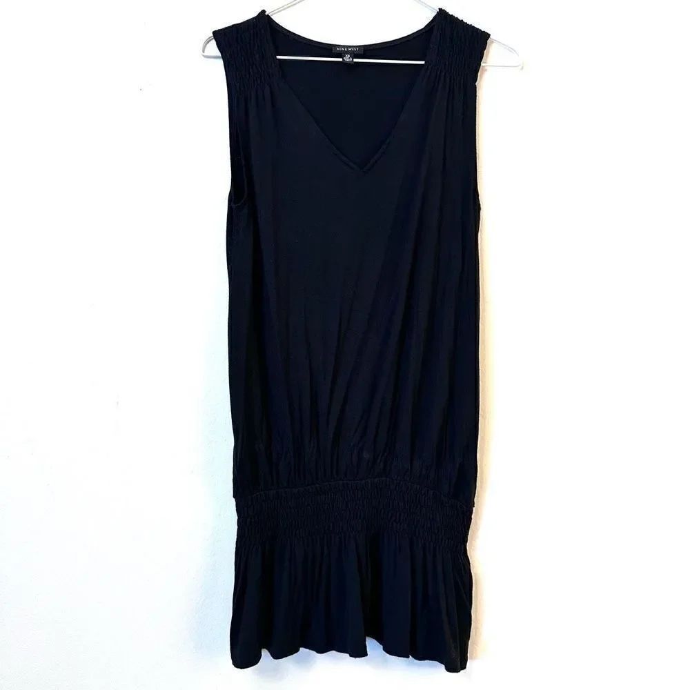 Nine West V Neck Smocked Waist Rayon Blend Sleeveless Peplum Top Black XS
